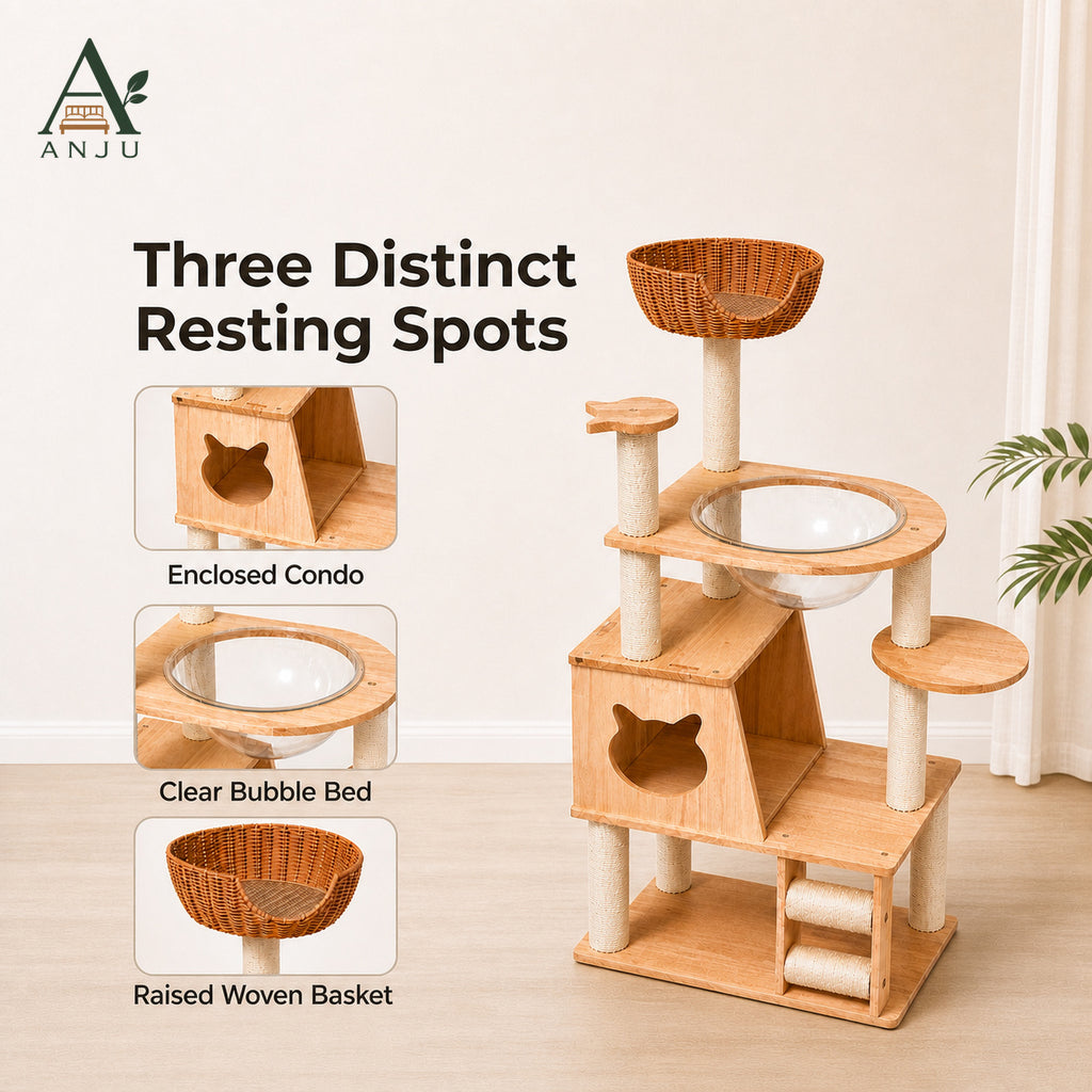 ANJU 150cm Cat Tree with Clear Bowl, Cat House and Woven Basket — image 3