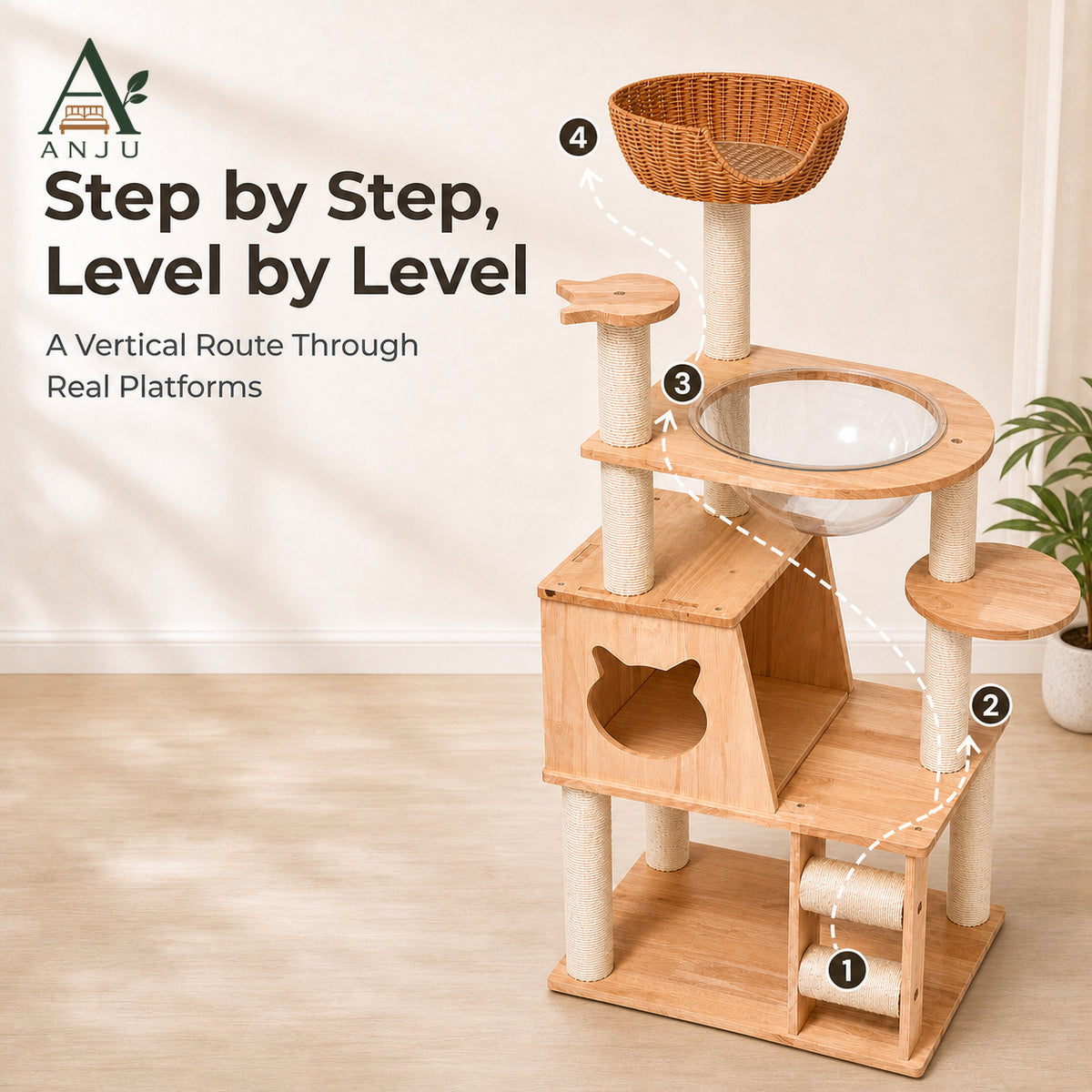 ANJU 150cm Cat Tree with Clear Bowl, Cat House and Woven Basket — image 4