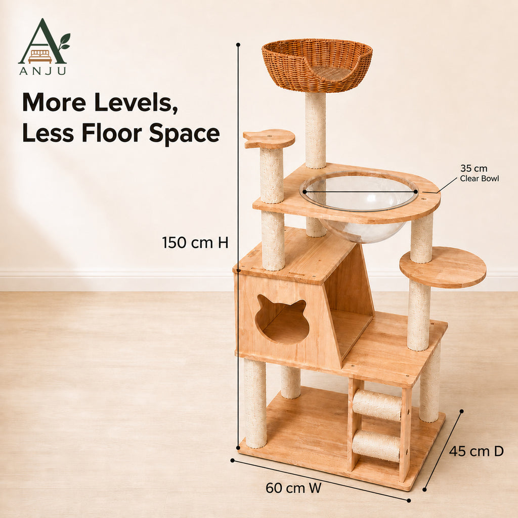 ANJU 150cm Cat Tree with Clear Bowl, Cat House and Woven Basket — image 5