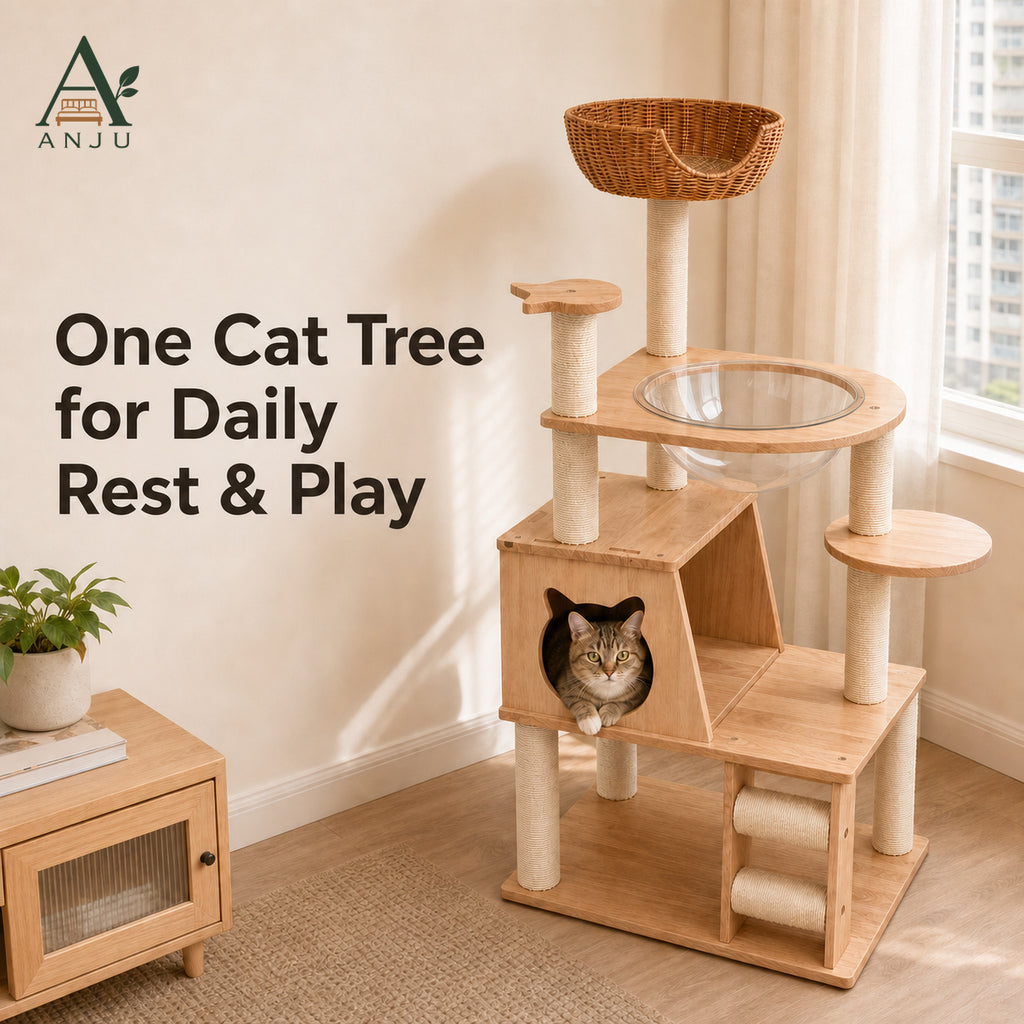 ANJU 150cm Cat Tree with Clear Bowl, Cat House and Woven Basket — image 7