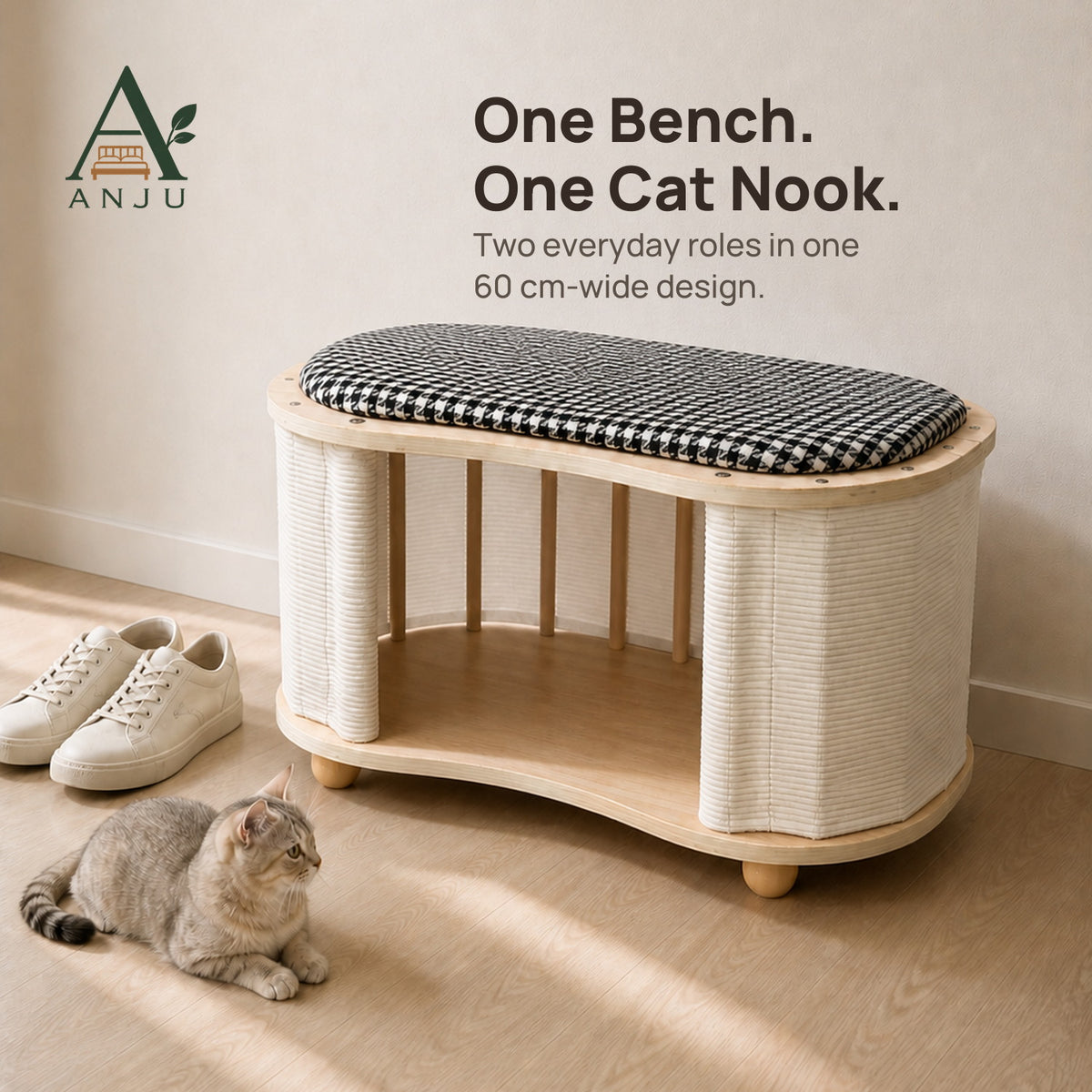 ANJU Cat House and Shoe Bench 60cm with Houndstooth Cushion