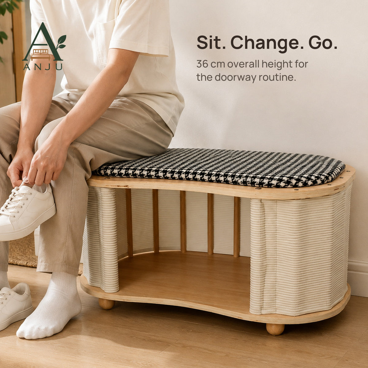 ANJU Cat House and Shoe Bench 60cm with Houndstooth Cushion — view 2