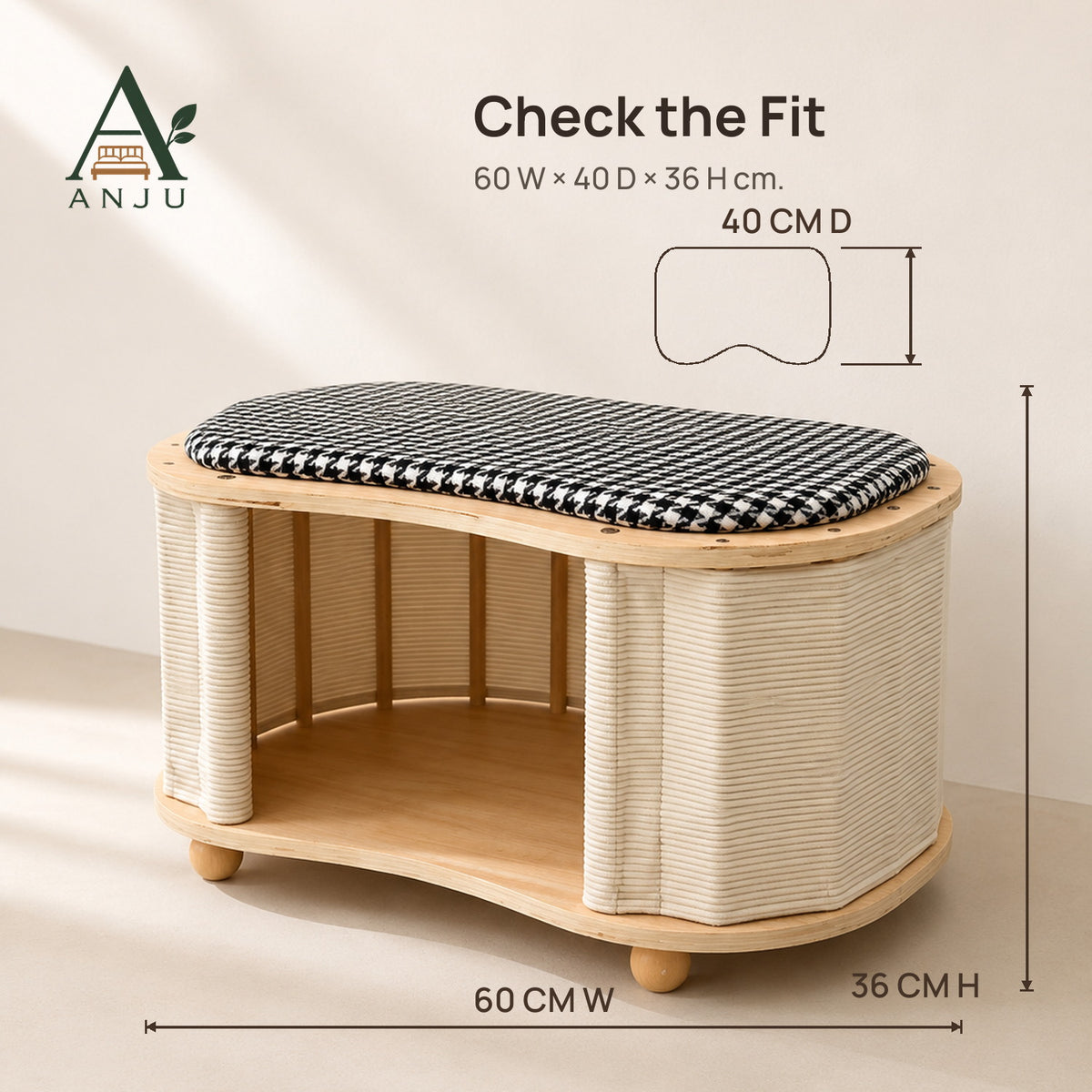 ANJU Cat House and Shoe Bench 60cm with Houndstooth Cushion — view 5