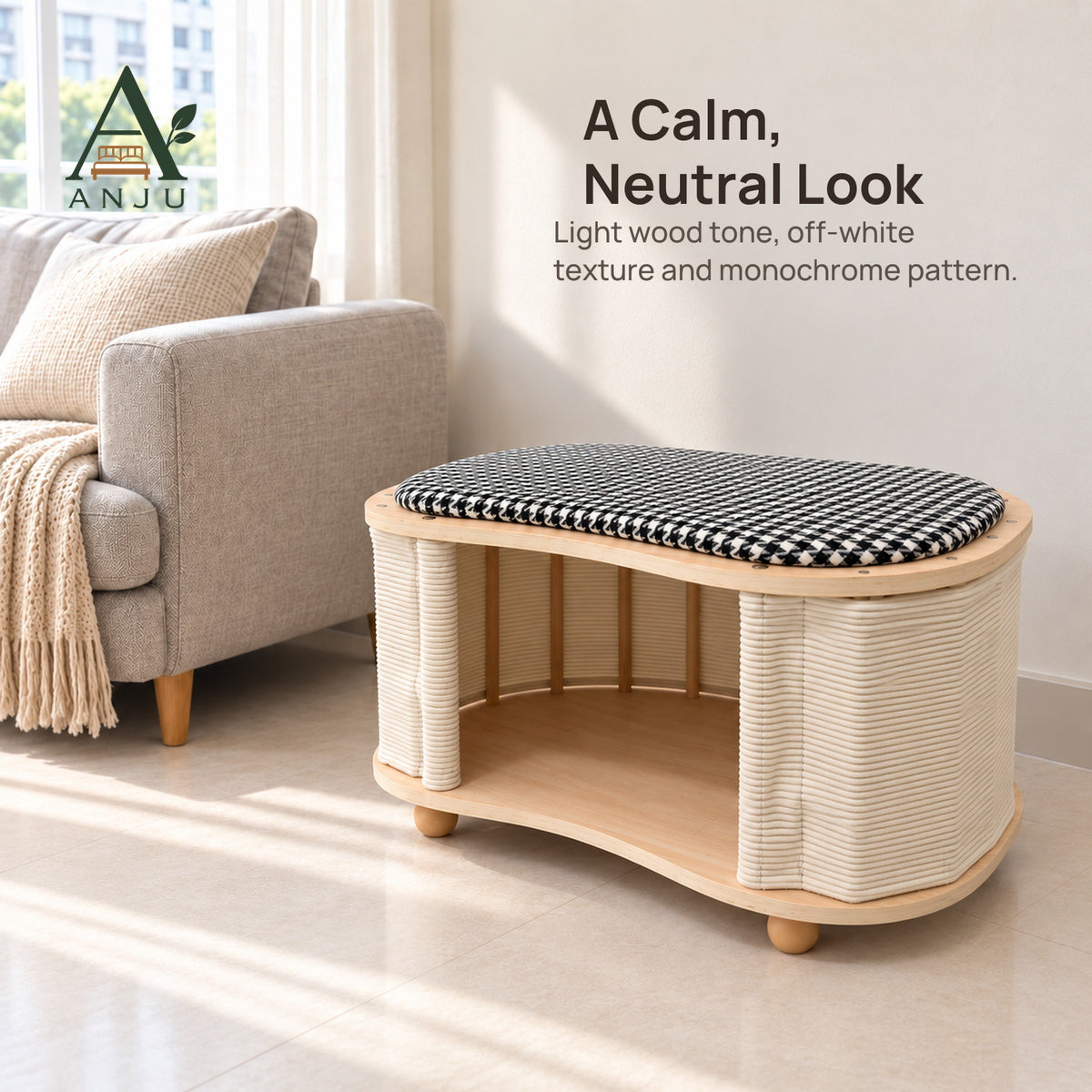 ANJU Cat House and Shoe Bench 60cm with Houndstooth Cushion — view 9