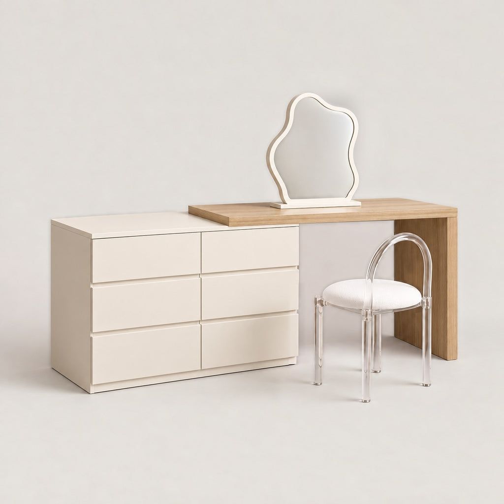 ANJU cream dressing table with cloud mirror and acrylic stool