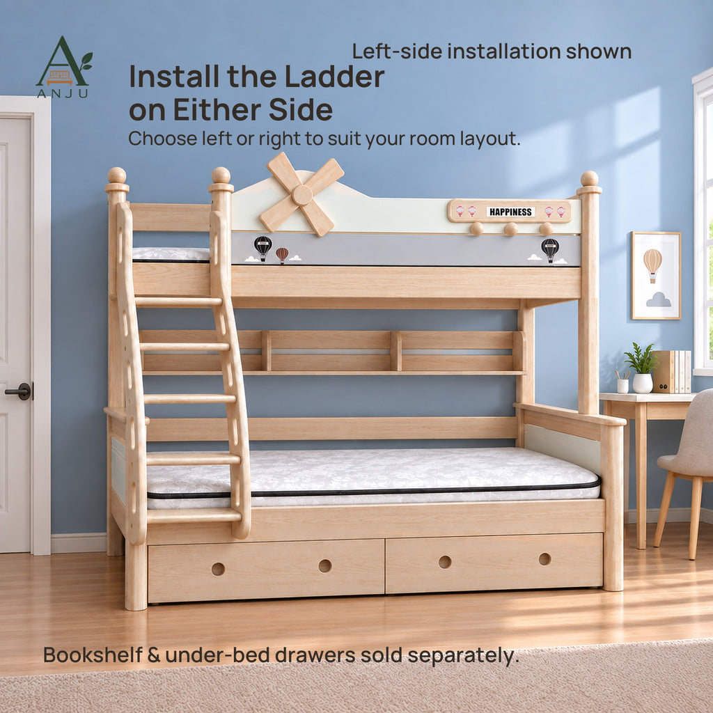 ANJU Detachable Wooden Bunk Bed, 90cm Upper and 120cm Lower, Ash Finish — image 2