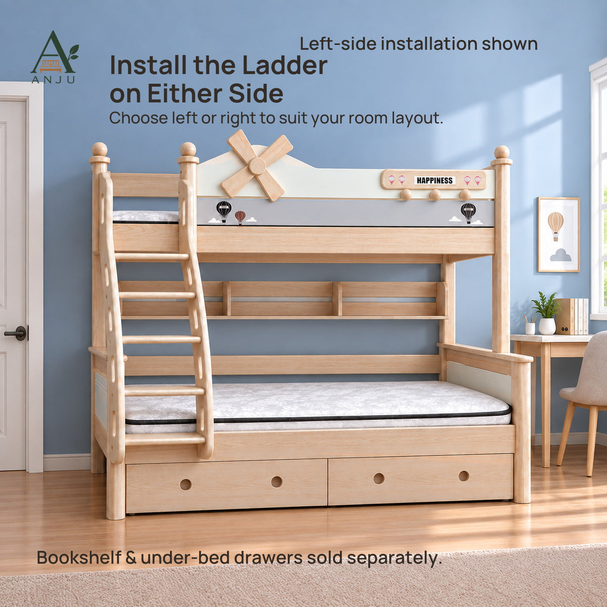 ANJU Detachable Wooden Bunk Bed, 90cm Upper and 120cm Lower, Ash Finish — image 2