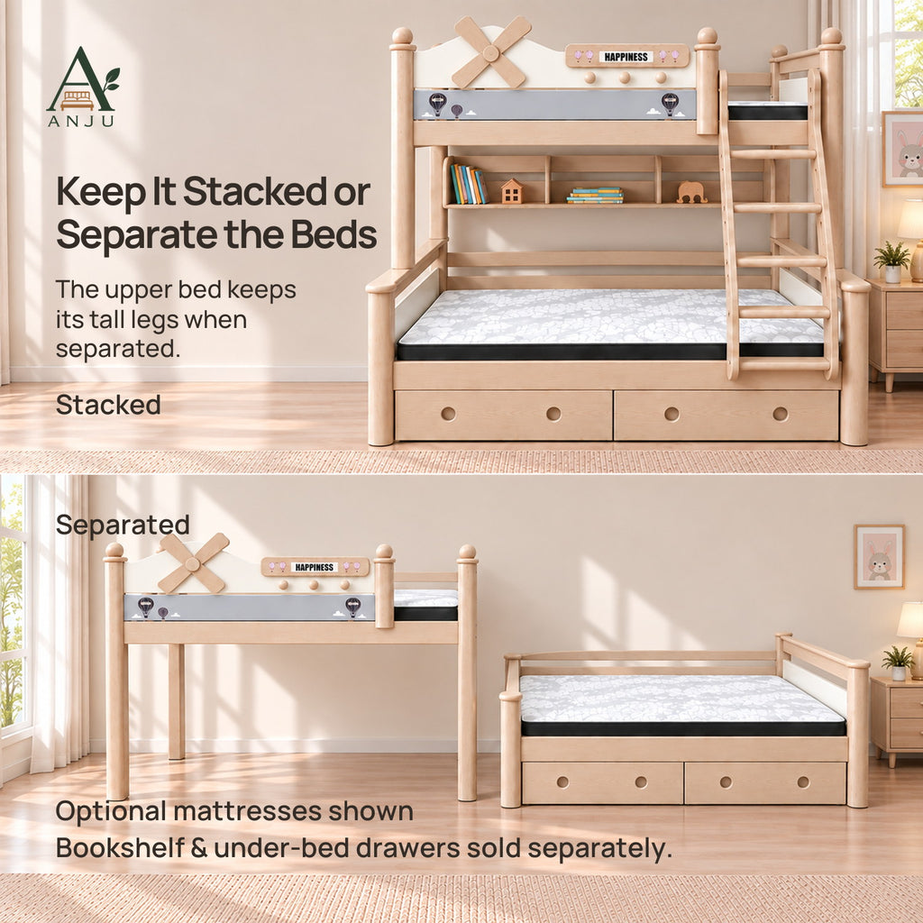 ANJU Detachable Wooden Bunk Bed, 90cm Upper and 120cm Lower, Ash Finish — image 6