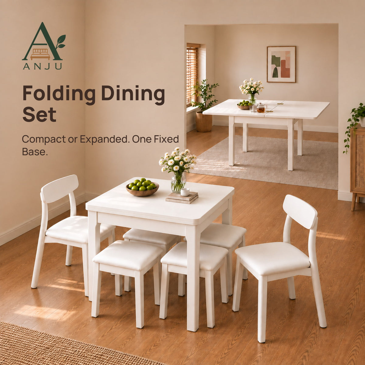 ANJU Folding Dining Table Set with 2 Chairs and 4 Stools, White