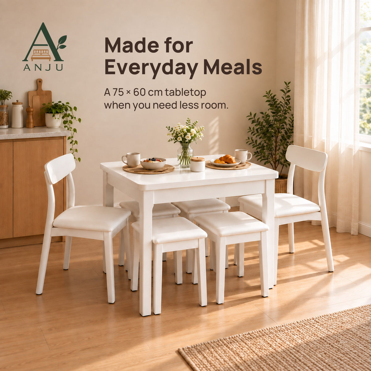 ANJU Folding Dining Table Set with 2 Chairs and 4 Stools, White - view 2