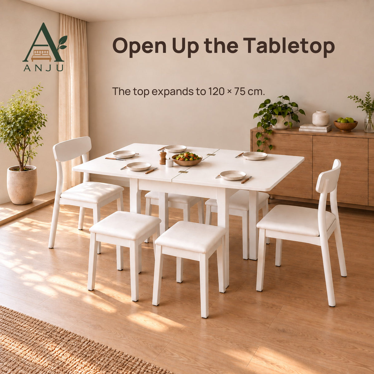ANJU Folding Dining Table Set with 2 Chairs and 4 Stools, White - view 3