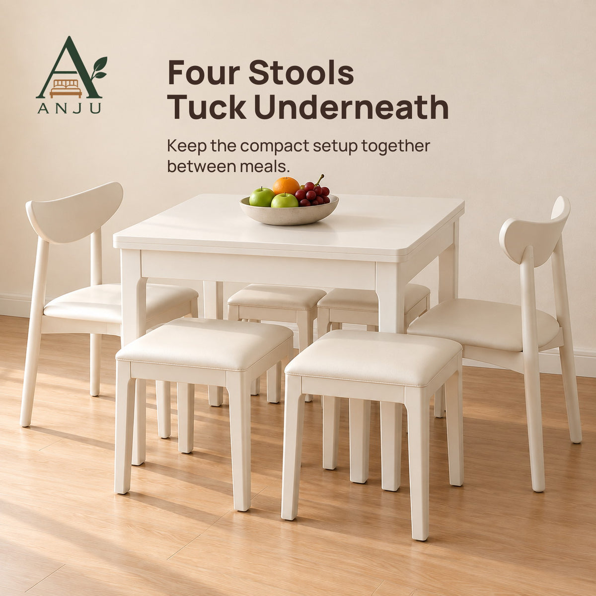 ANJU Folding Dining Table Set with 2 Chairs and 4 Stools, White - view 4
