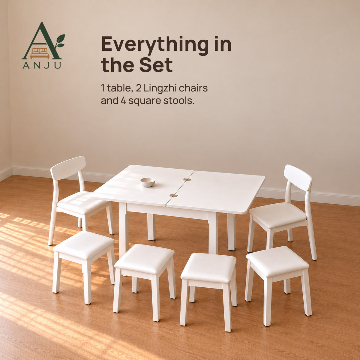 ANJU Folding Dining Table Set with 2 Chairs and 4 Stools, White - view 6