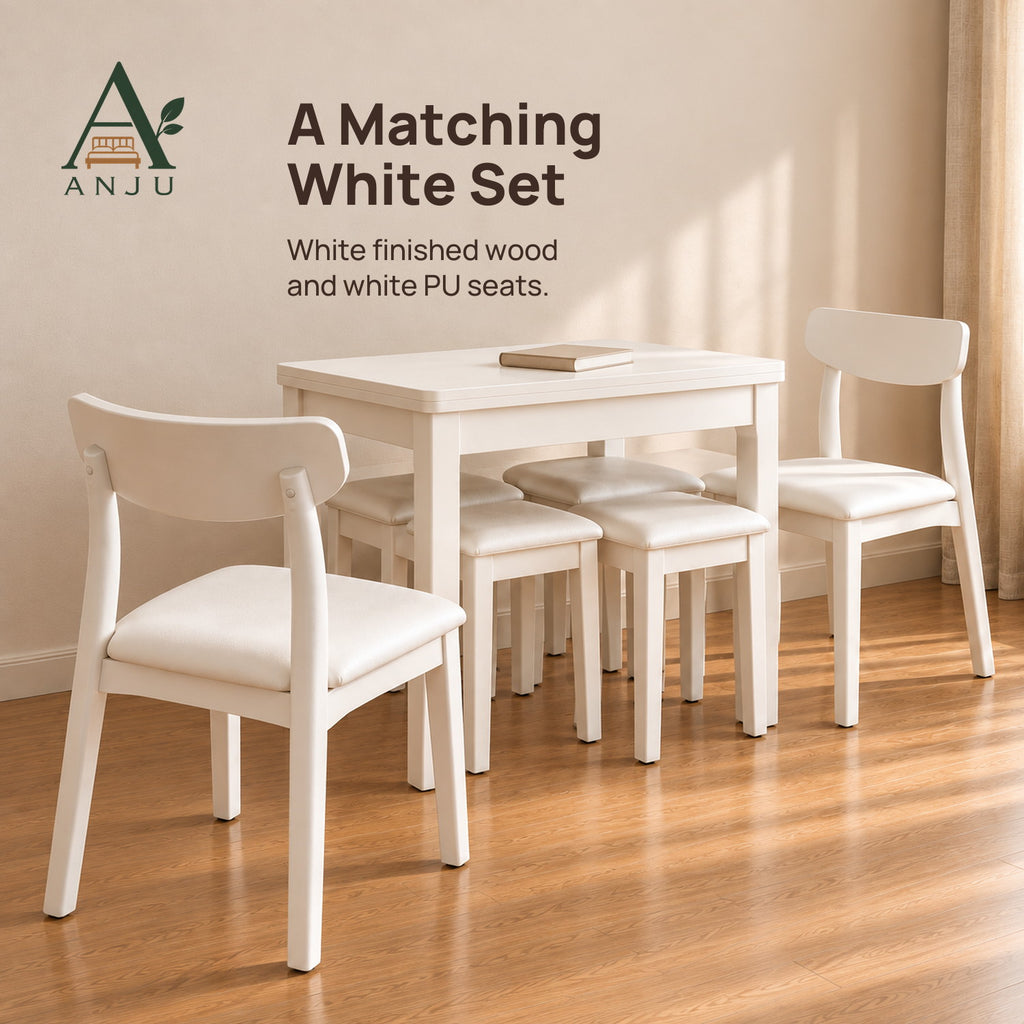 ANJU Folding Dining Table Set with 2 Chairs and 4 Stools, White - view 8