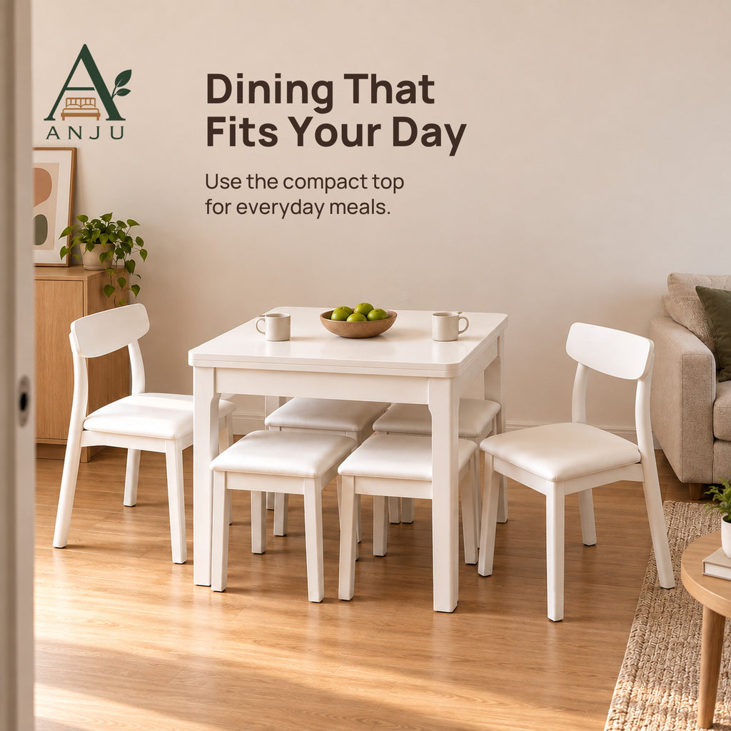 ANJU Folding Dining Table Set with 2 Chairs and 4 Stools, White - view 9