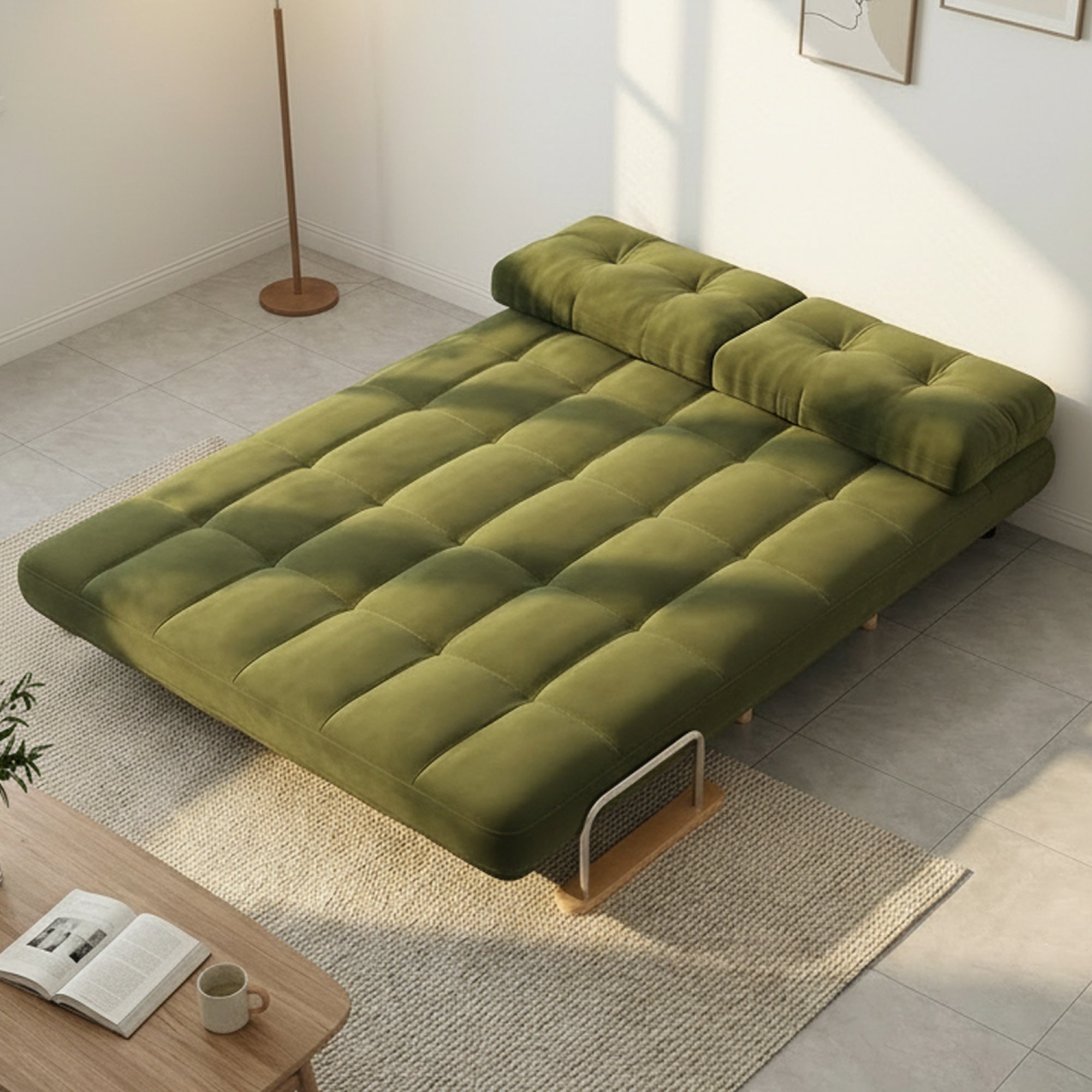 ANJU green foldable sofa bed in bed mode