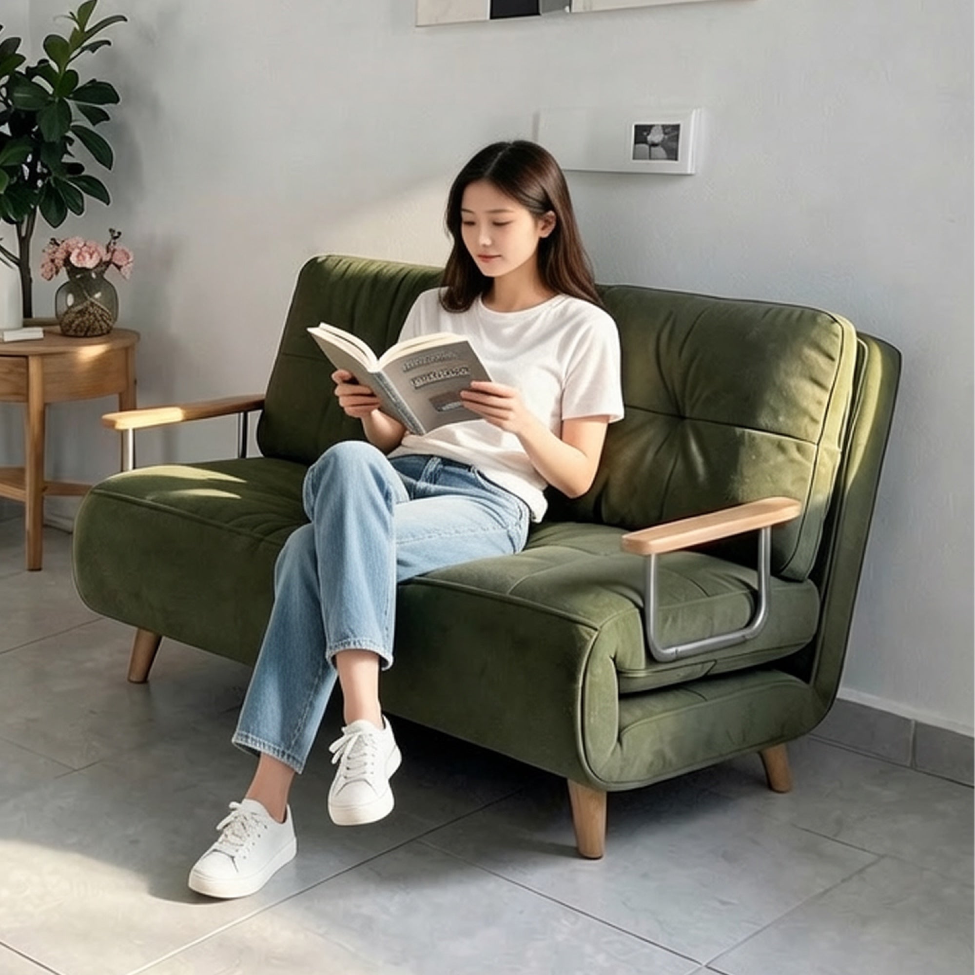 ANJU green foldable sofa bed in sofa mode
