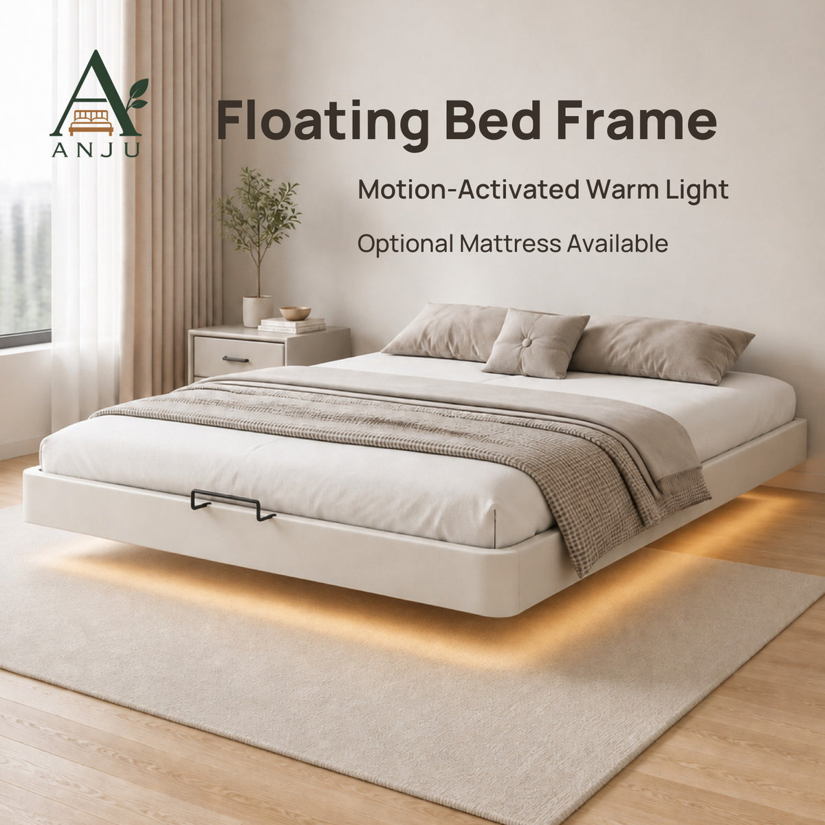 ANJU Floating Bed Frame with Motion Sensor LED Light, Off-White, Queen or King