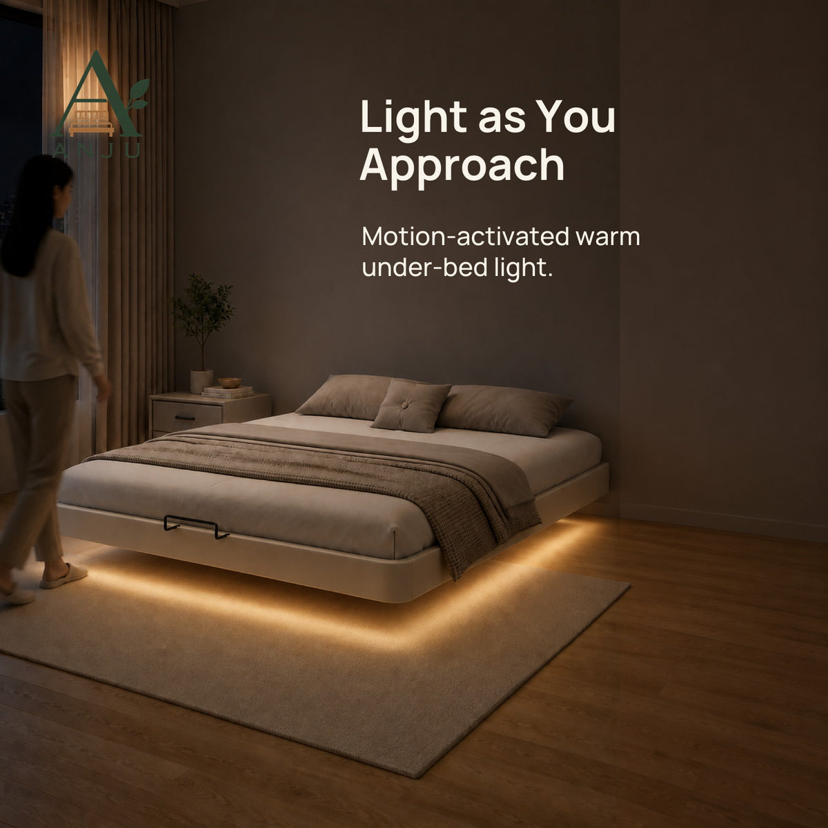 ANJU Floating Bed Frame with Motion Sensor LED Light, Off-White, Queen or King — view 3