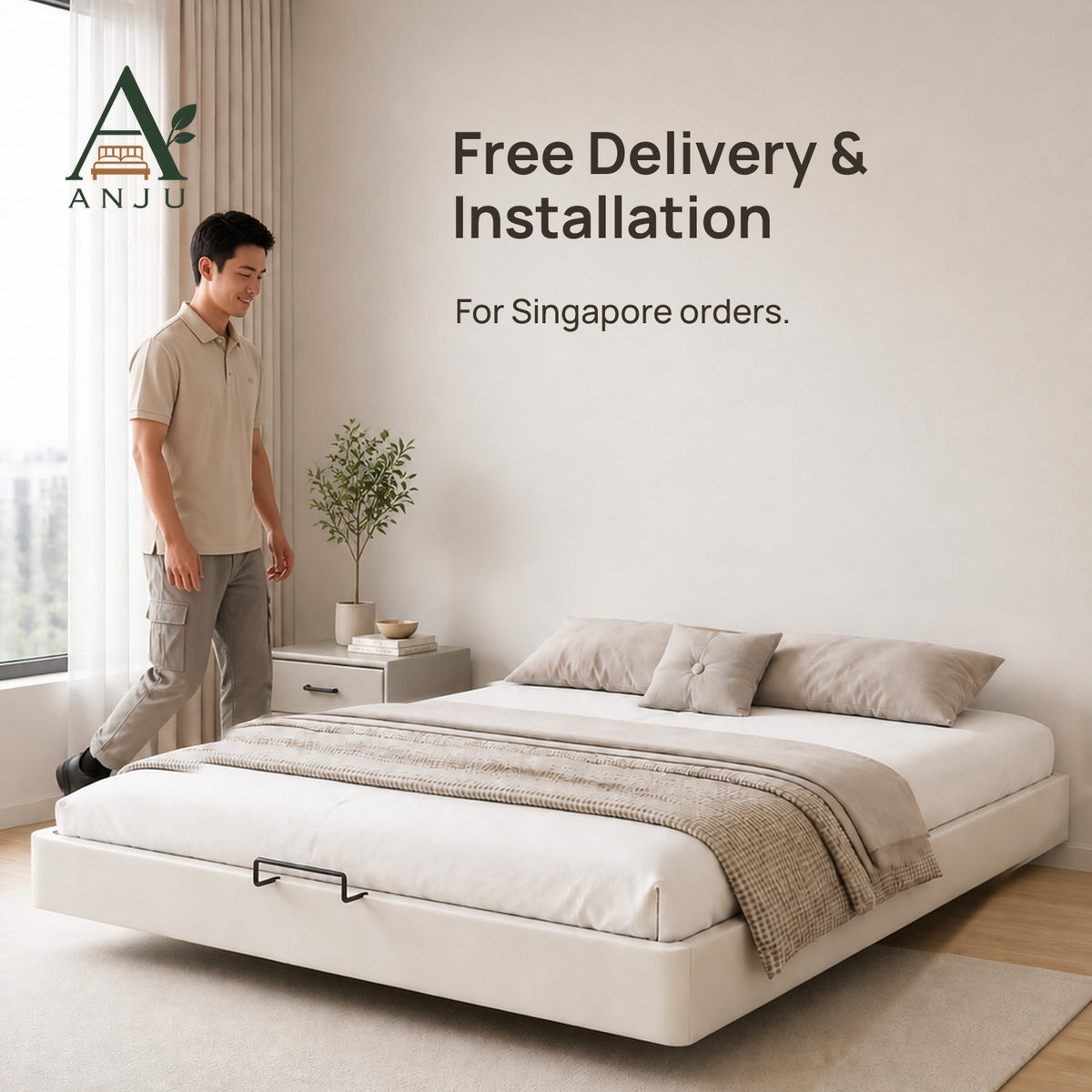 ANJU Floating Bed Frame with Motion Sensor LED Light, Off-White, Queen or King — view 9