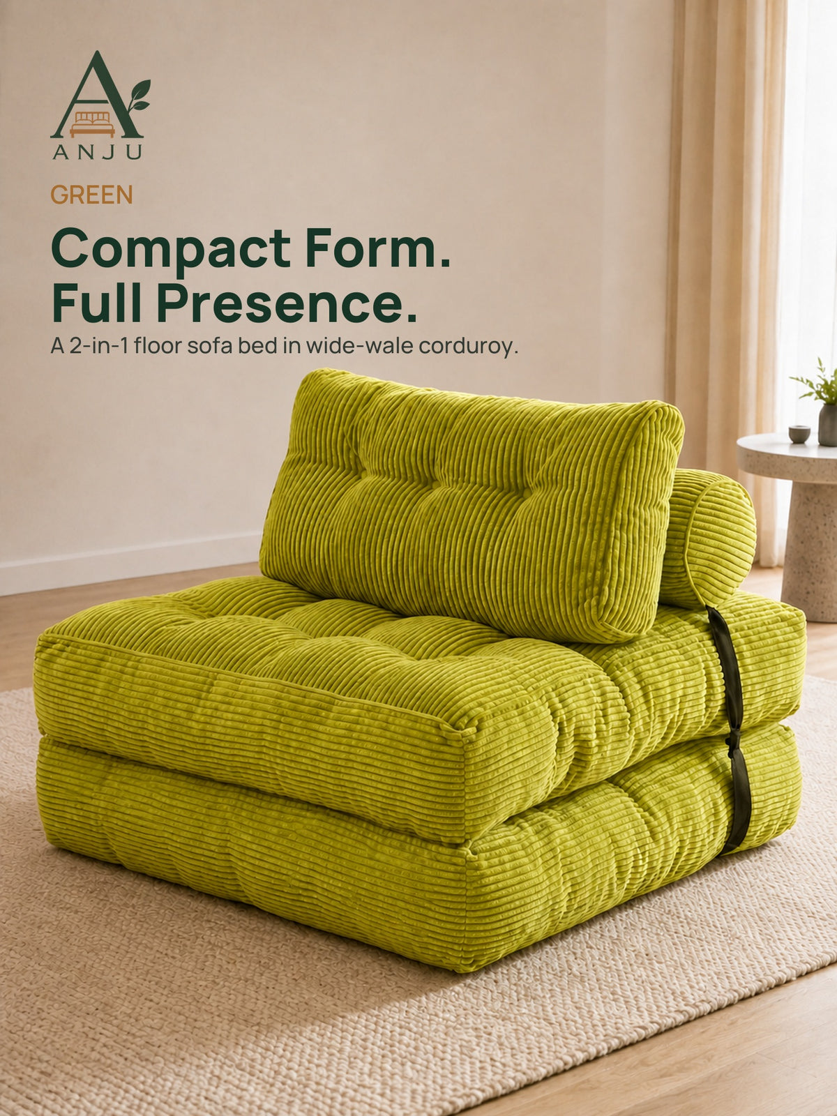 ANJU Green foldable floor sofa bed with wide-wale corduroy upholstery, back cushion and cylindrical bolster