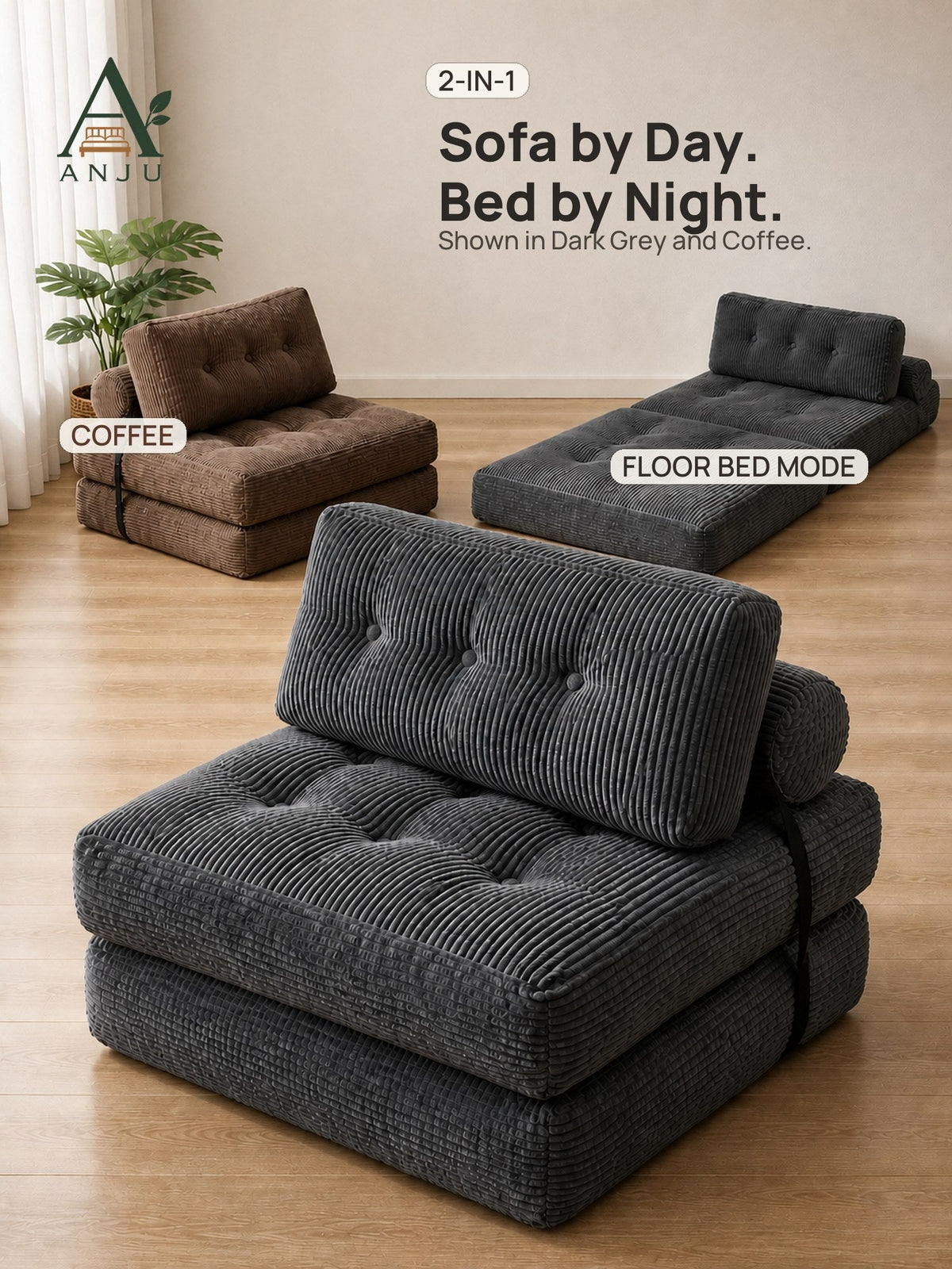 ANJU foldable floor sofa bed shown in Dark Grey and Coffee, with the Coffee sofa labelled on the left