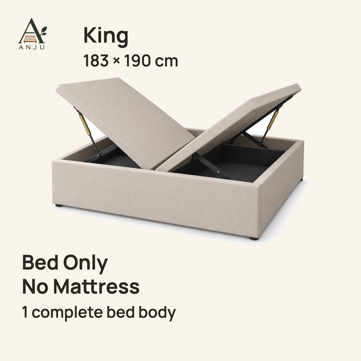 ANJU Gas Lift Storage Bed Frame — King 183 x 190 cm, two wing lift sections