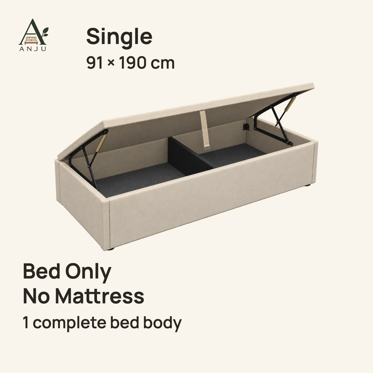 ANJU Gas Lift Storage Bed Frame — Single 91 x 190 cm, single side-lift deck