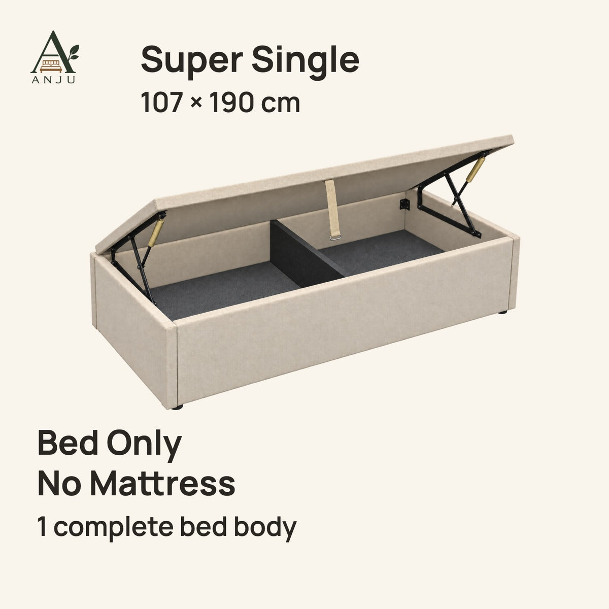 ANJU Gas Lift Storage Bed Frame — Super Single 107 x 190 cm, single side-lift deck