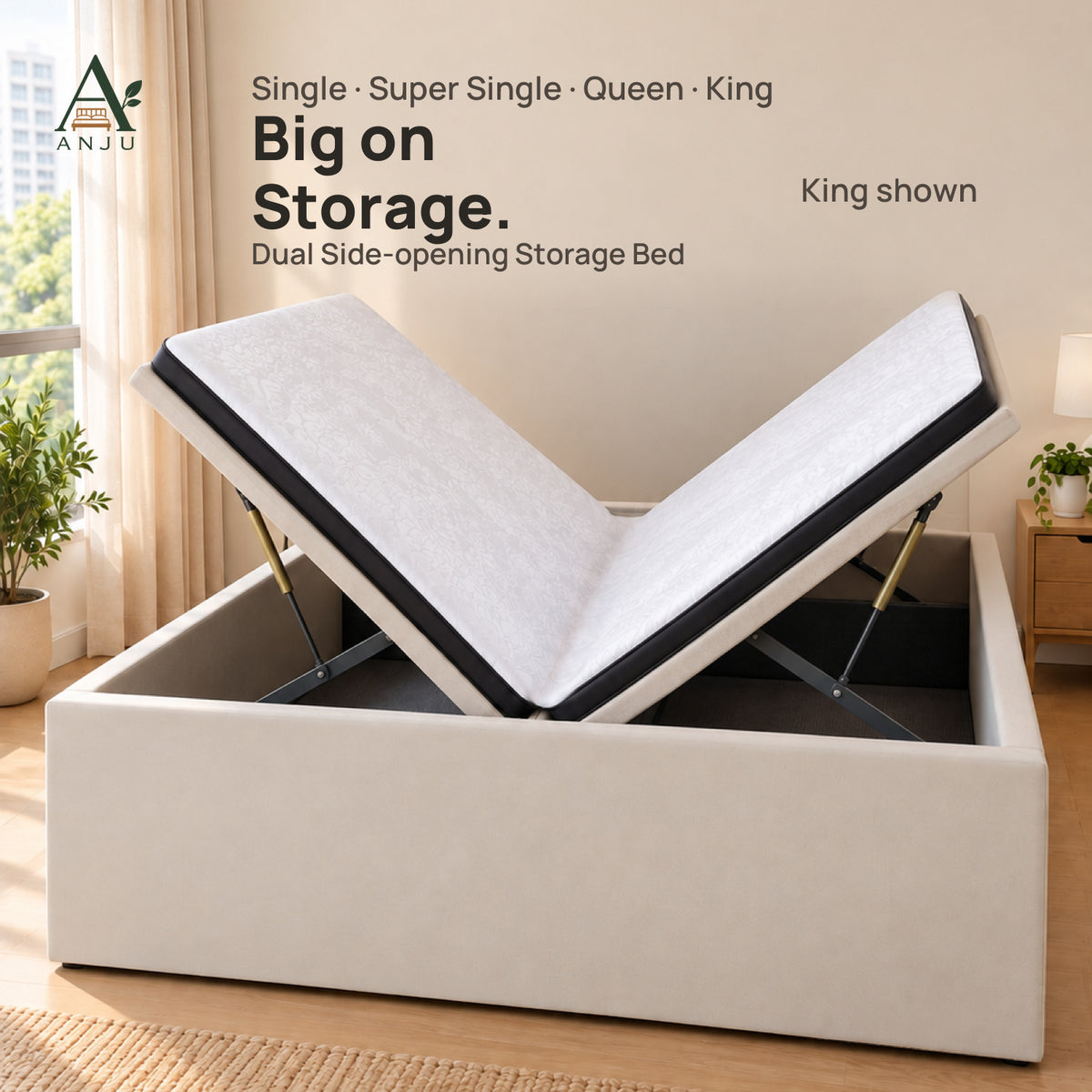 ANJU Gas Lift Storage Bed Frame, Side Opening, No Headboard, Single to King — image 1