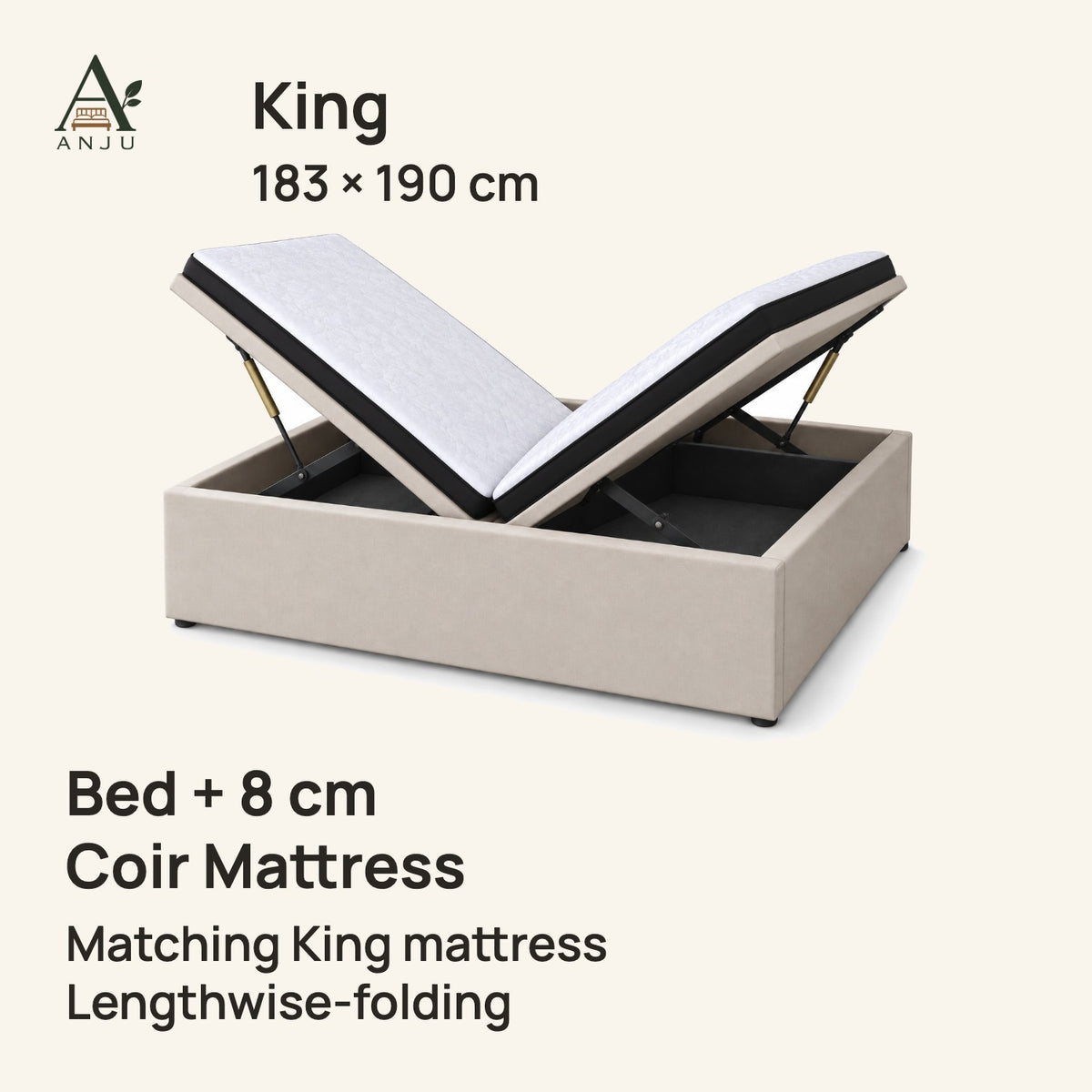 ANJU Gas Lift Storage Bed — King 183 x 190 cm, with 8cm Coir Mattress