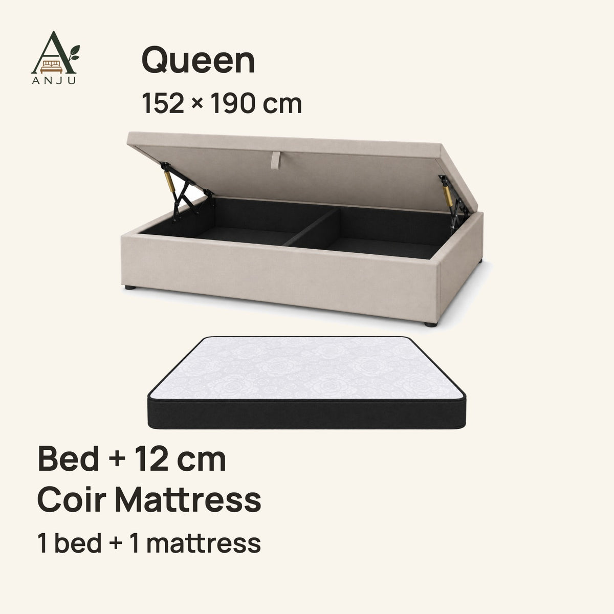 ANJU Gas Lift Storage Bed — Queen 152 x 190 cm, with 12cm Coir Mattress