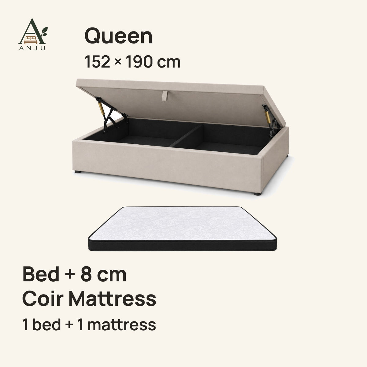 ANJU Gas Lift Storage Bed — Queen 152 x 190 cm, with 8cm Coir Mattress