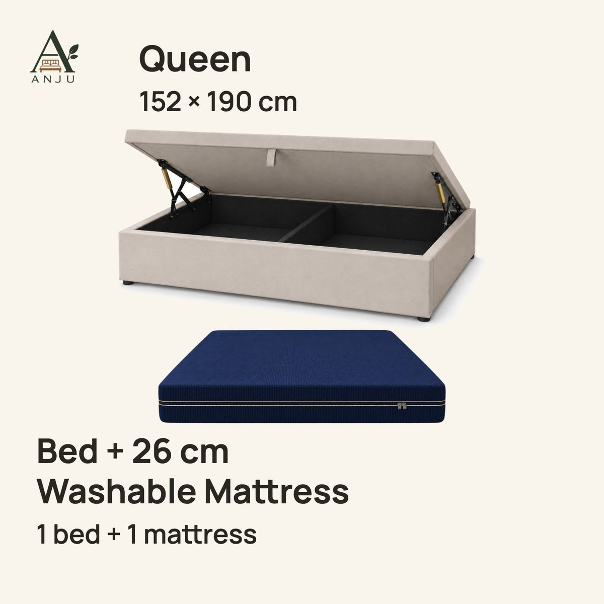 ANJU Gas Lift Storage Bed — Queen 152 x 190 cm, with 26cm Washable Mattress