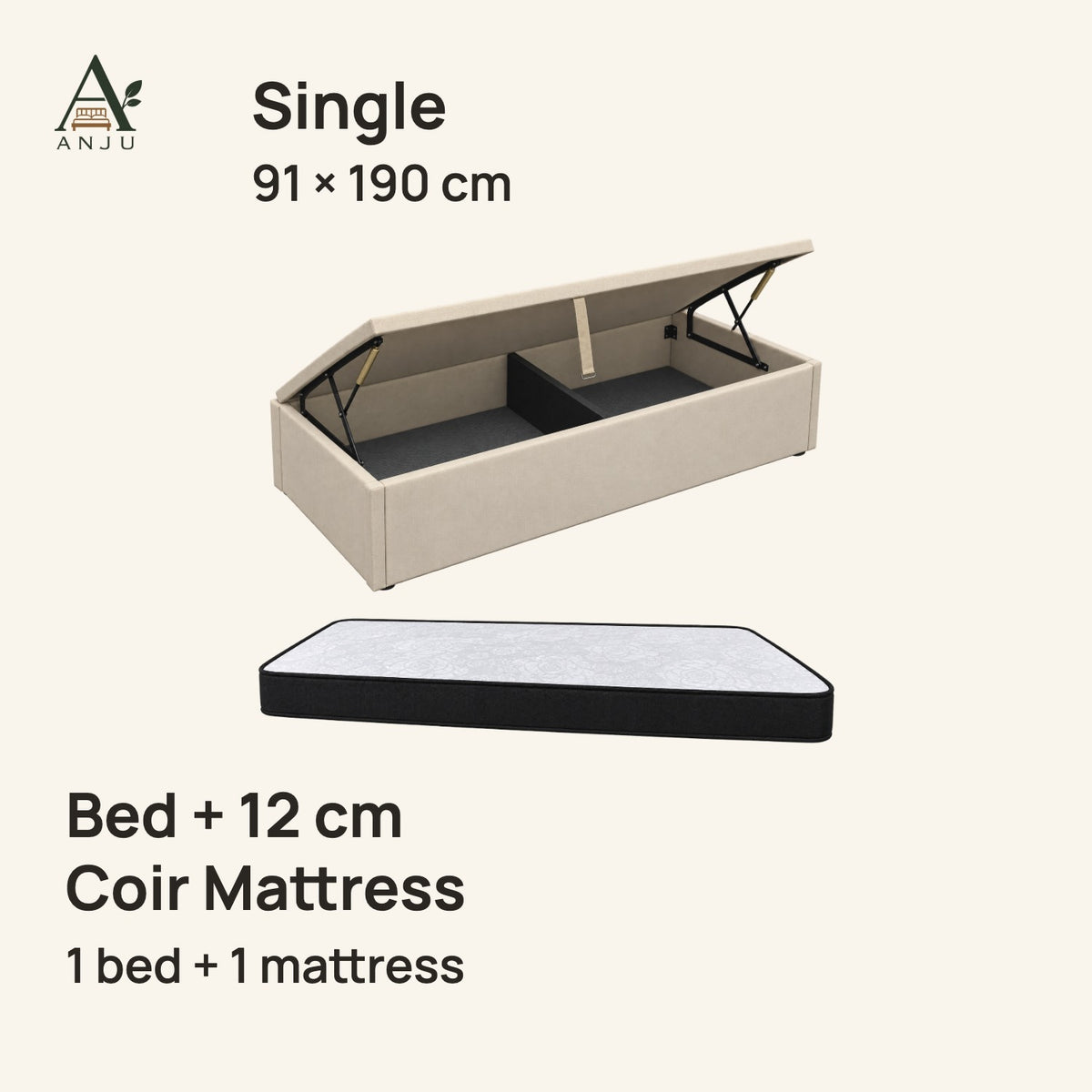 ANJU Gas Lift Storage Bed — Single 91 x 190 cm, with 12cm Coir Mattress