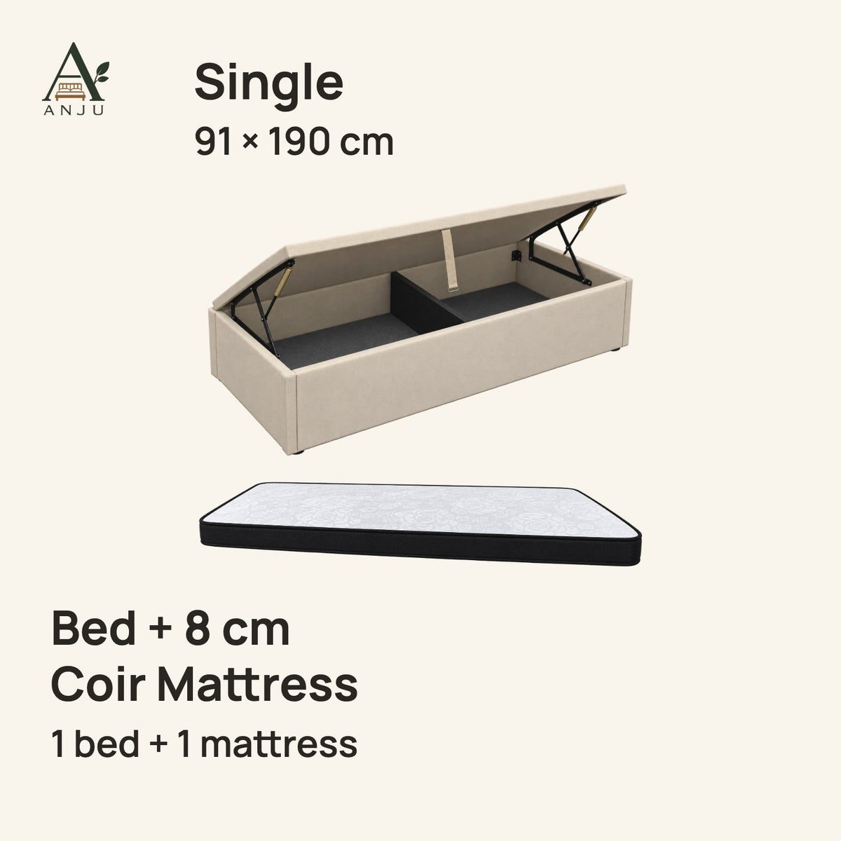 ANJU Gas Lift Storage Bed — Single 91 x 190 cm, with 8cm Coir Mattress