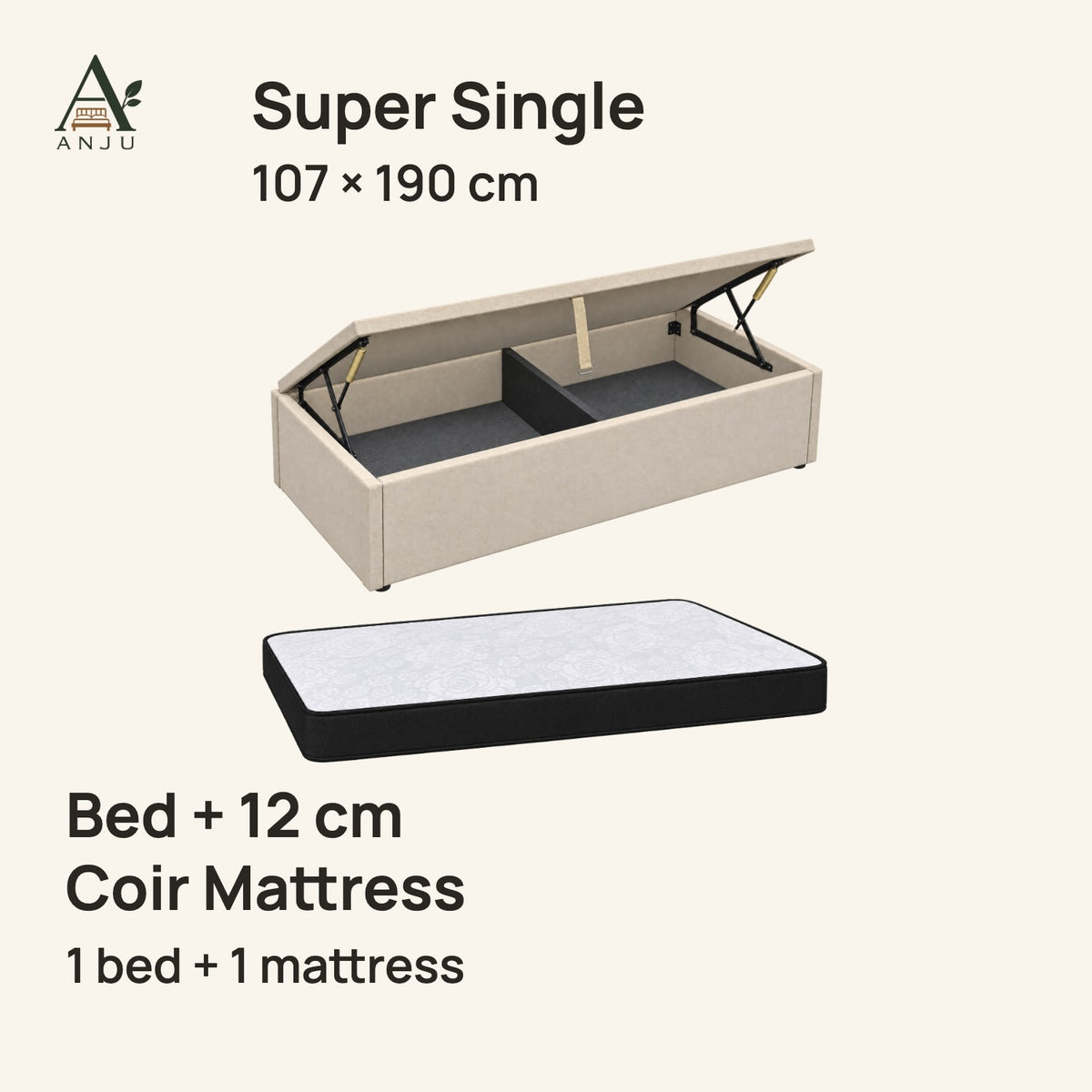 ANJU Gas Lift Storage Bed — Super Single 107 x 190 cm, with 12cm Coir Mattress