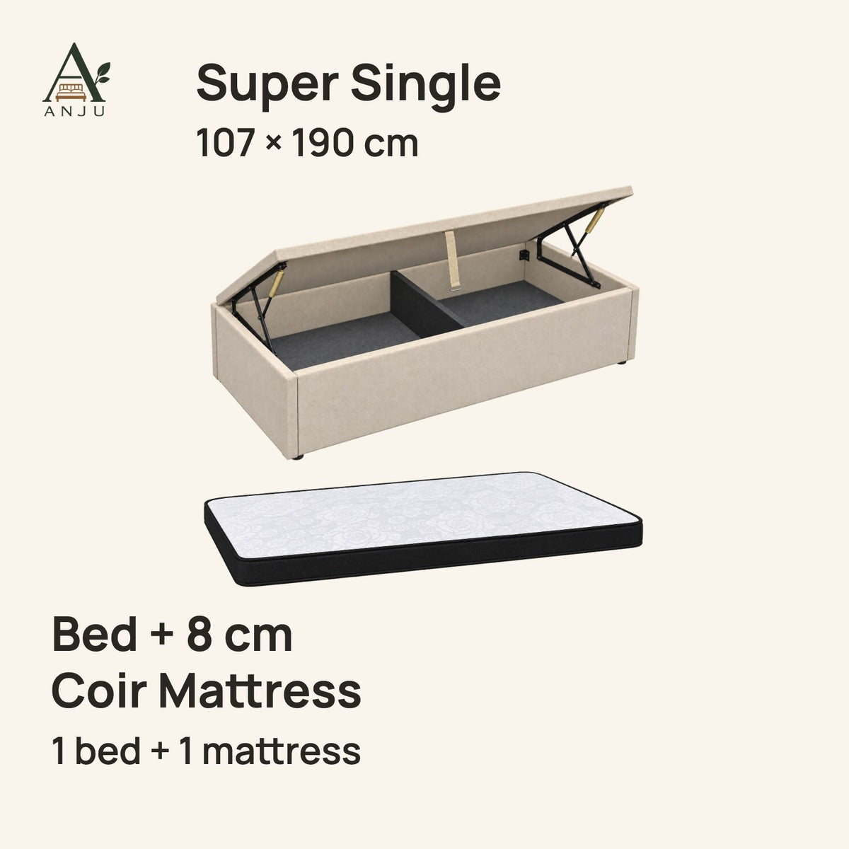 ANJU Gas Lift Storage Bed — Super Single 107 x 190 cm, with 8cm Coir Mattress