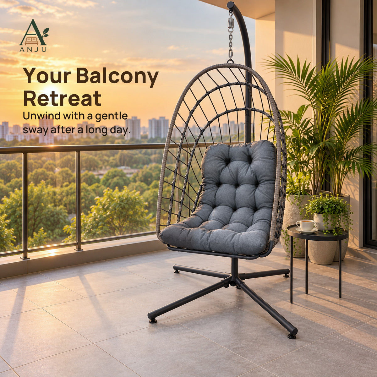 Hanging Chair with Stand – 195cm High-Back Egg Swing Chair with Foldable Basket, Dark Grey Cushion — image 2