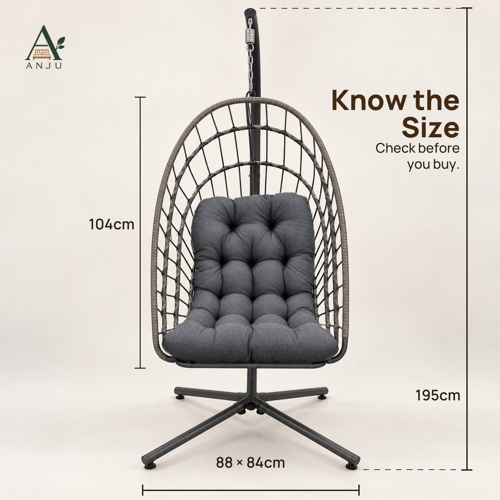 Hanging Chair with Stand – 195cm High-Back Egg Swing Chair with Foldable Basket, Dark Grey Cushion — image 3