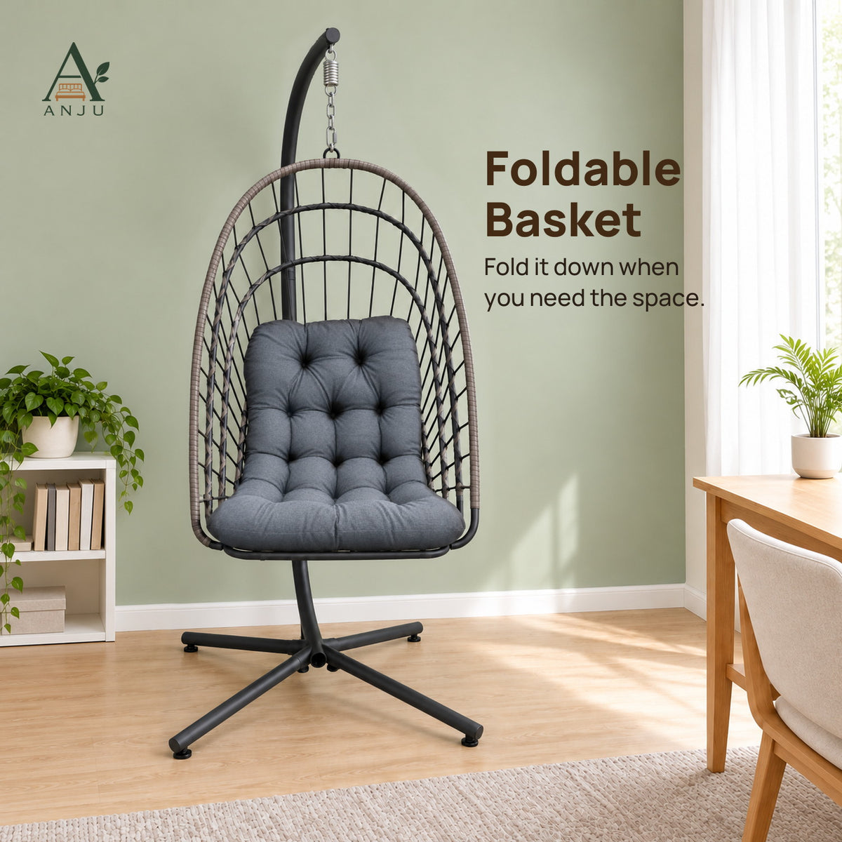 Hanging Chair with Stand – 195cm High-Back Egg Swing Chair with Foldable Basket, Dark Grey Cushion — image 4