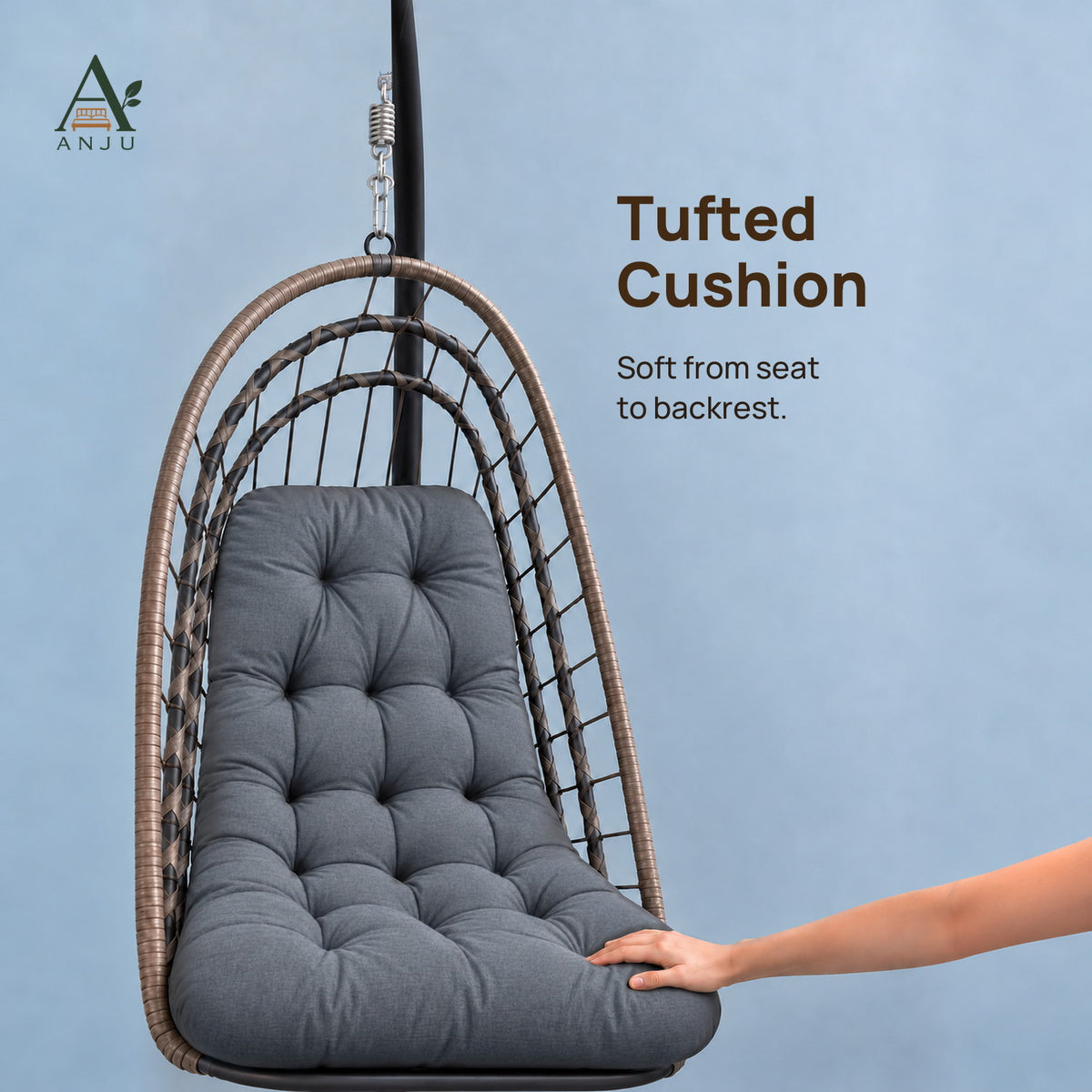 Hanging Chair with Stand – 195cm High-Back Egg Swing Chair with Foldable Basket, Dark Grey Cushion — image 5