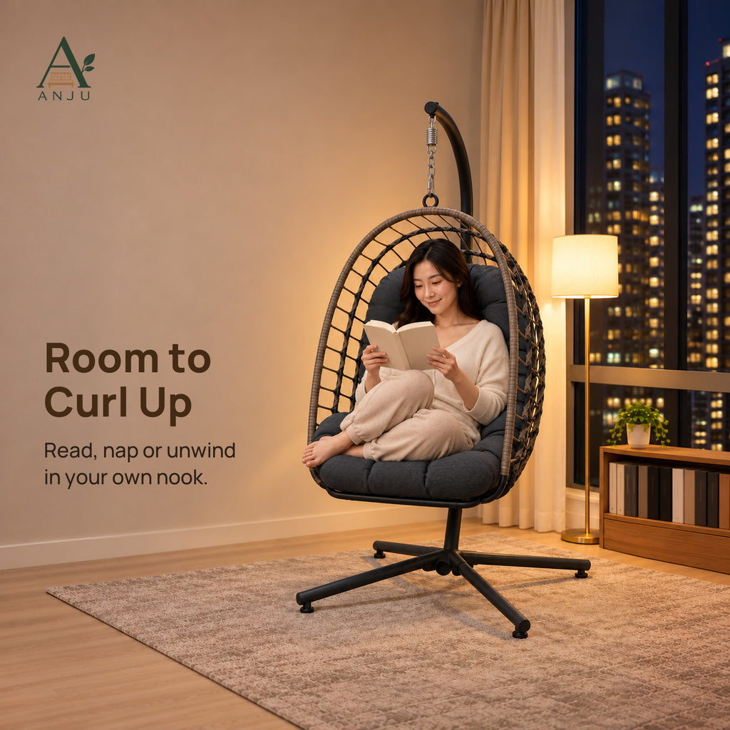 Hanging Chair with Stand – 195cm High-Back Egg Swing Chair with Foldable Basket, Dark Grey Cushion — image 6