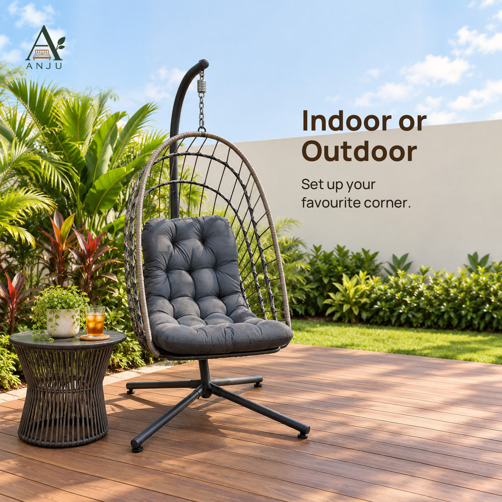Hanging Chair with Stand – 195cm High-Back Egg Swing Chair with Foldable Basket, Dark Grey Cushion — image 7