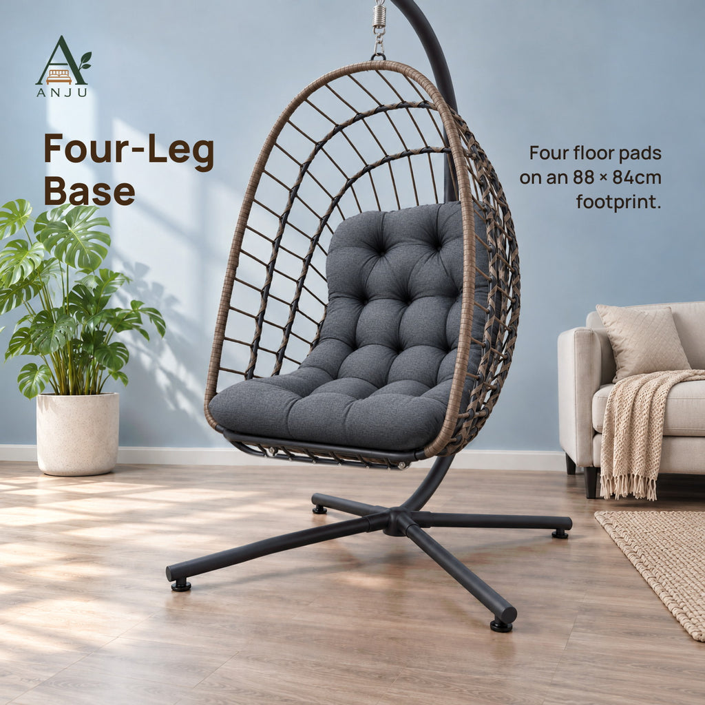 Hanging Chair with Stand – 195cm High-Back Egg Swing Chair with Foldable Basket, Dark Grey Cushion — image 8
