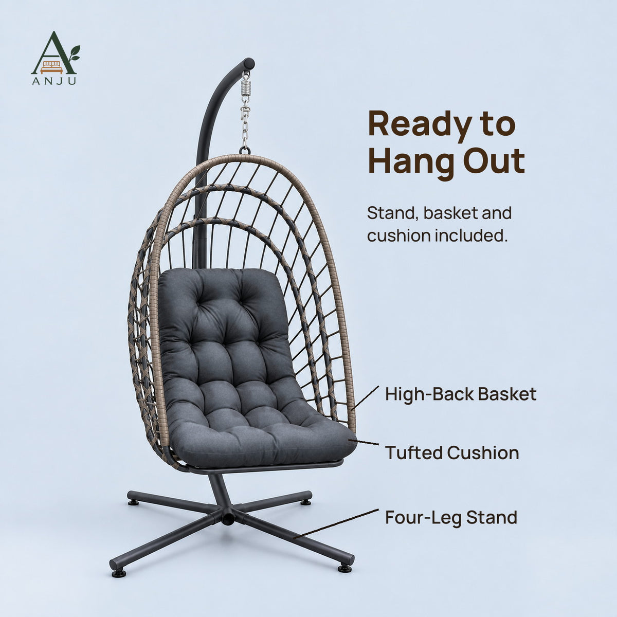 Hanging Chair with Stand – 195cm High-Back Egg Swing Chair with Foldable Basket, Dark Grey Cushion — image 9