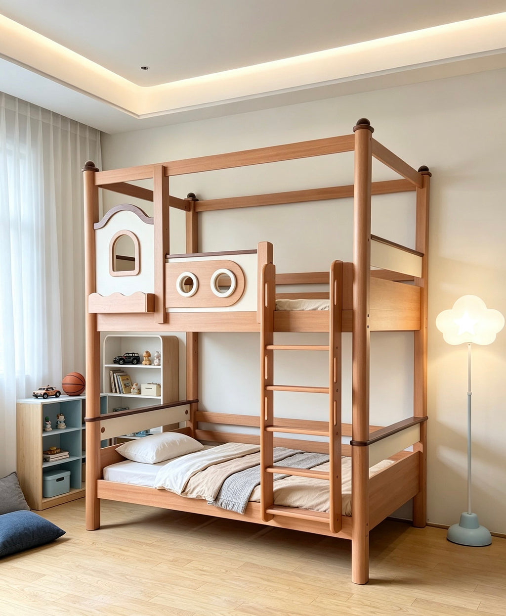 ANJU Little House Wooden Bunk Bed with Top Frame and Optional Storage Stairs