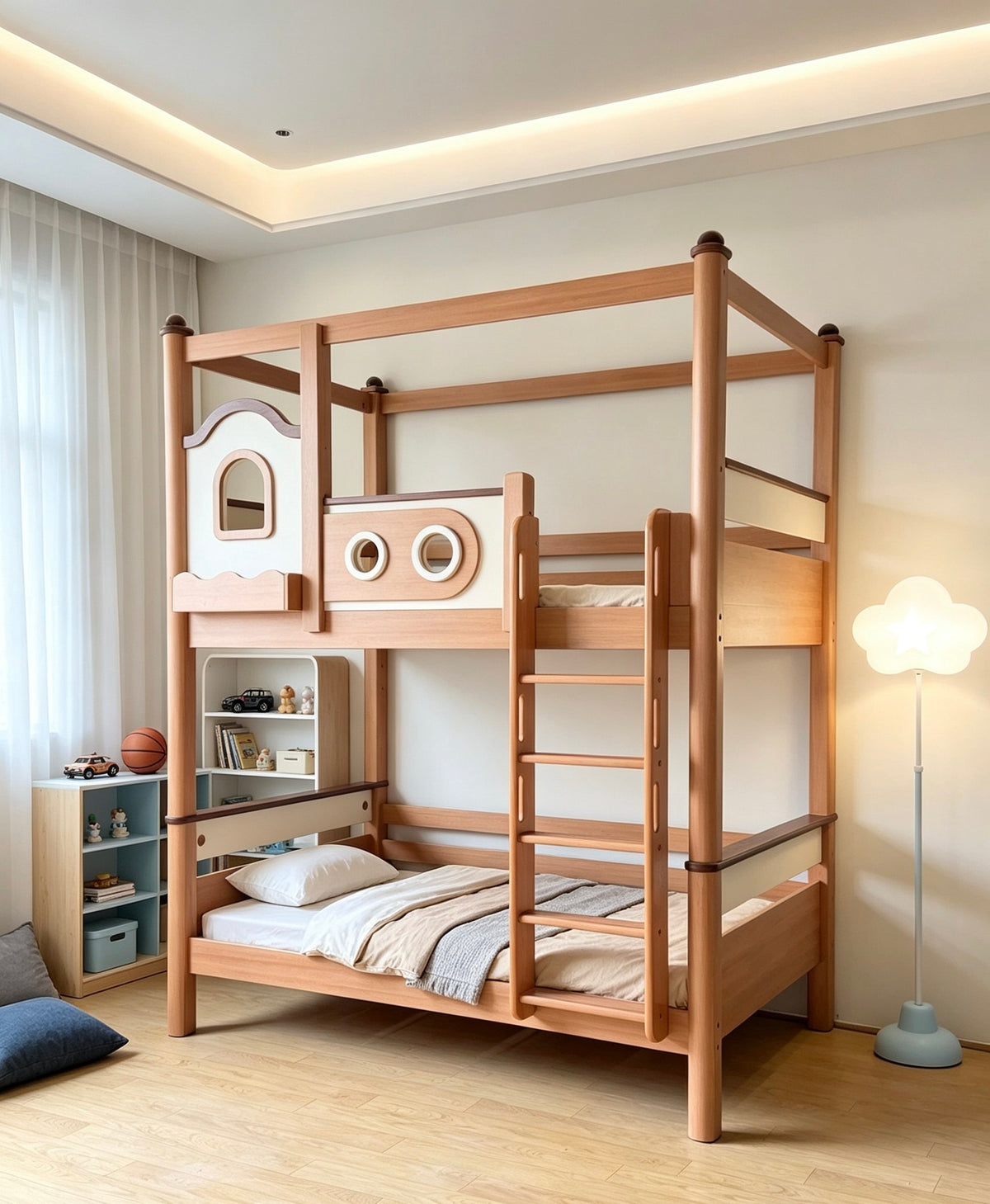 ANJU Little House Wooden Bunk Bed with Top Frame and Optional Storage Stairs