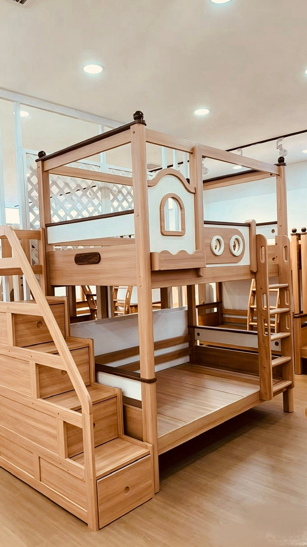 ANJU Little House Wooden Bunk Bed with Top Frame and Optional Storage Stairs