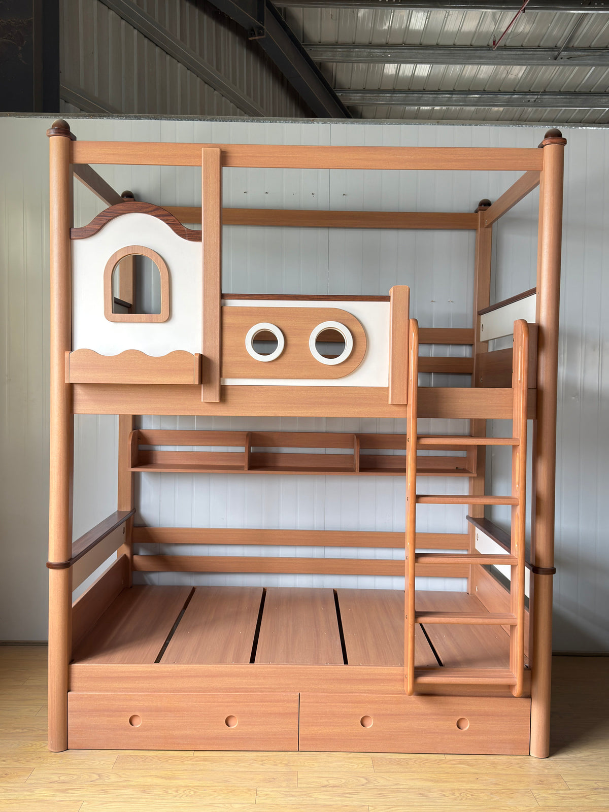 ANJU Little House Wooden Bunk Bed with Top Frame and Optional Storage Stairs